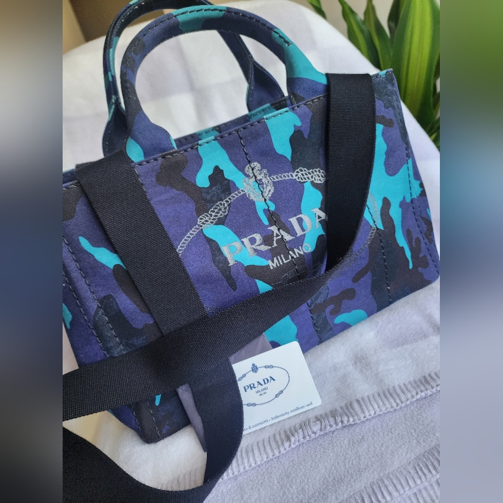Authentic Prada Canapa Blue Camouflage Tote Bag